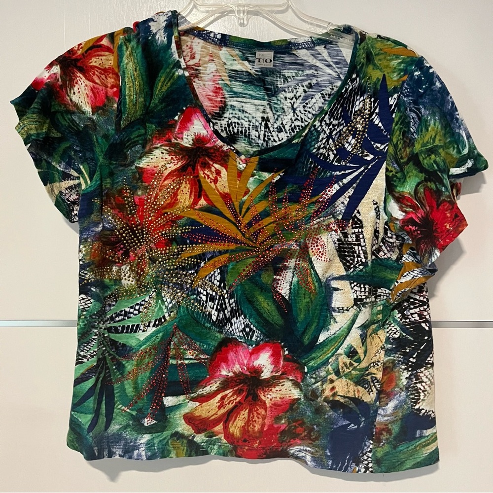 Thomas and Olivia multicolor tripocal flower plant pattern short sleeve blouse
